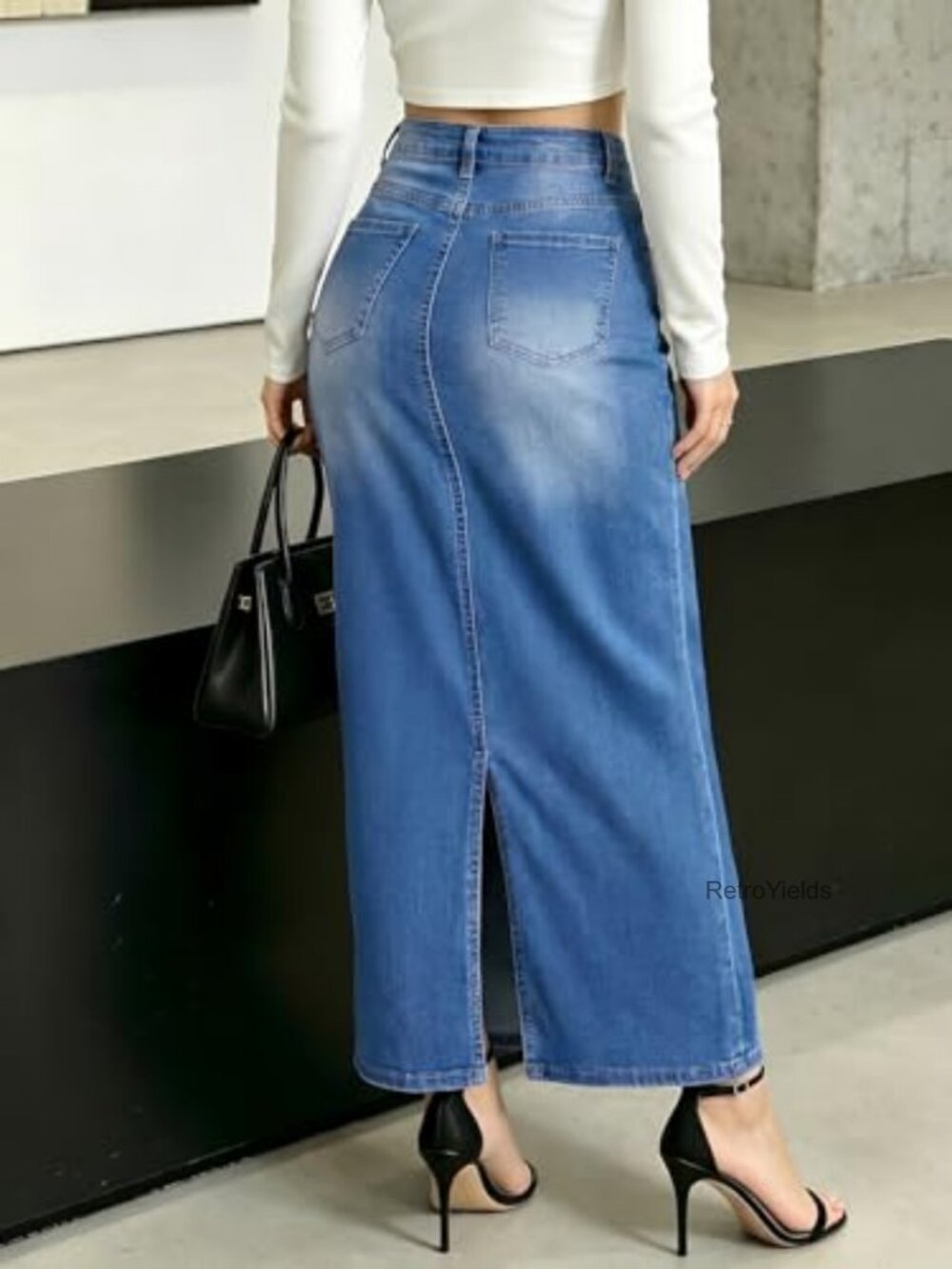 High Waisted Long Denim Skirt Stretch Back Slit Distressed Whisker Wash Midi - Picture 2 of 6